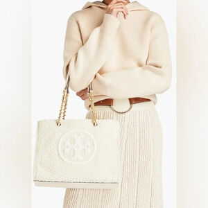 TORY BURCH ELLA LOGO CREAM BOUCLE TOTE BAG LEATHER/CHAIN HANDLE NWT $698 RARE
